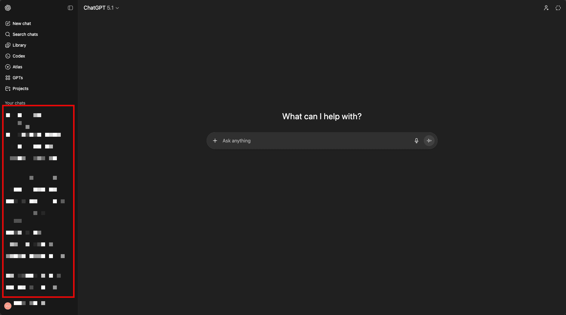 ChatGPT conversation history showing saved chats in sidebar