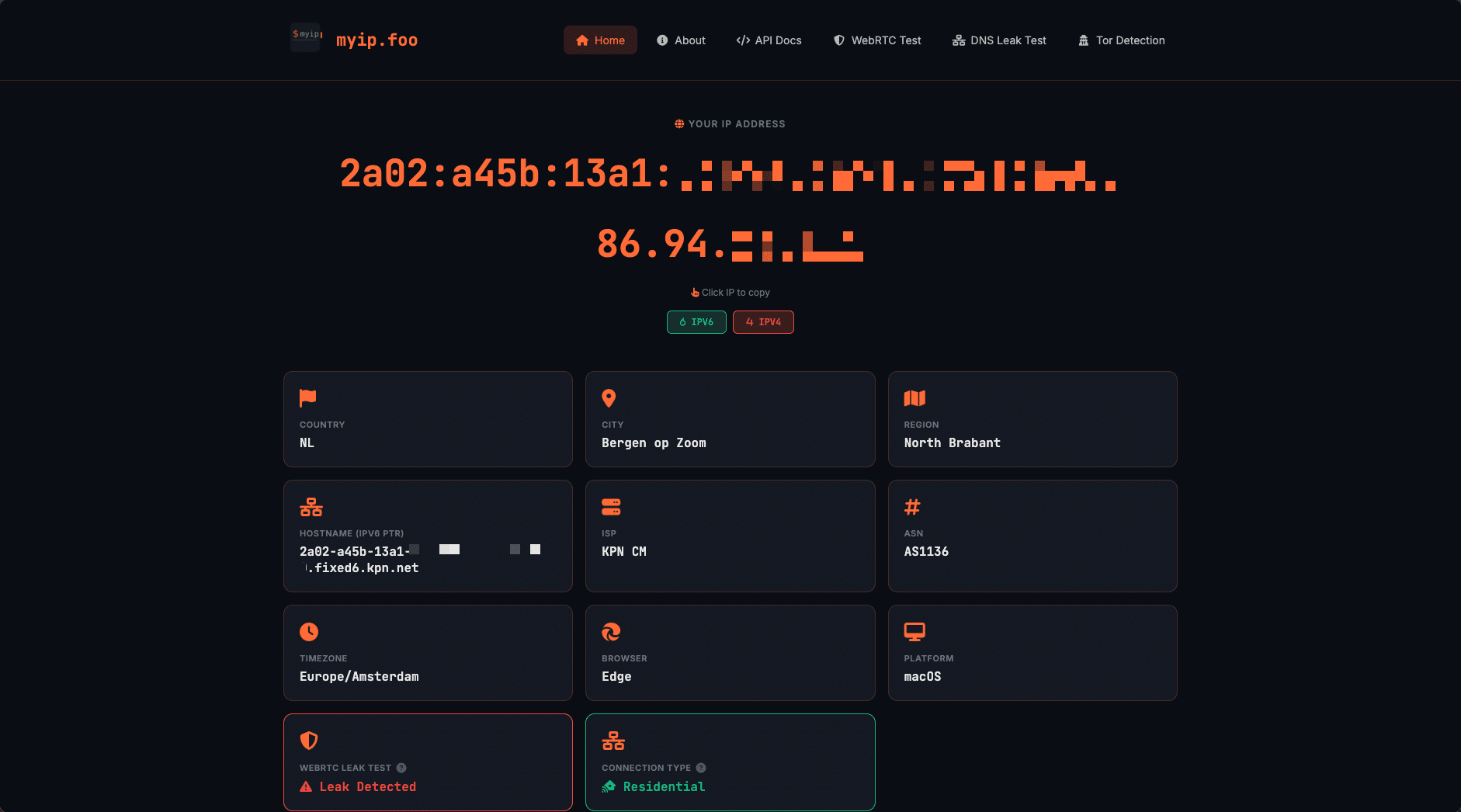 myip.foo homepage showing IP address, city, country, ISP, and coordinates