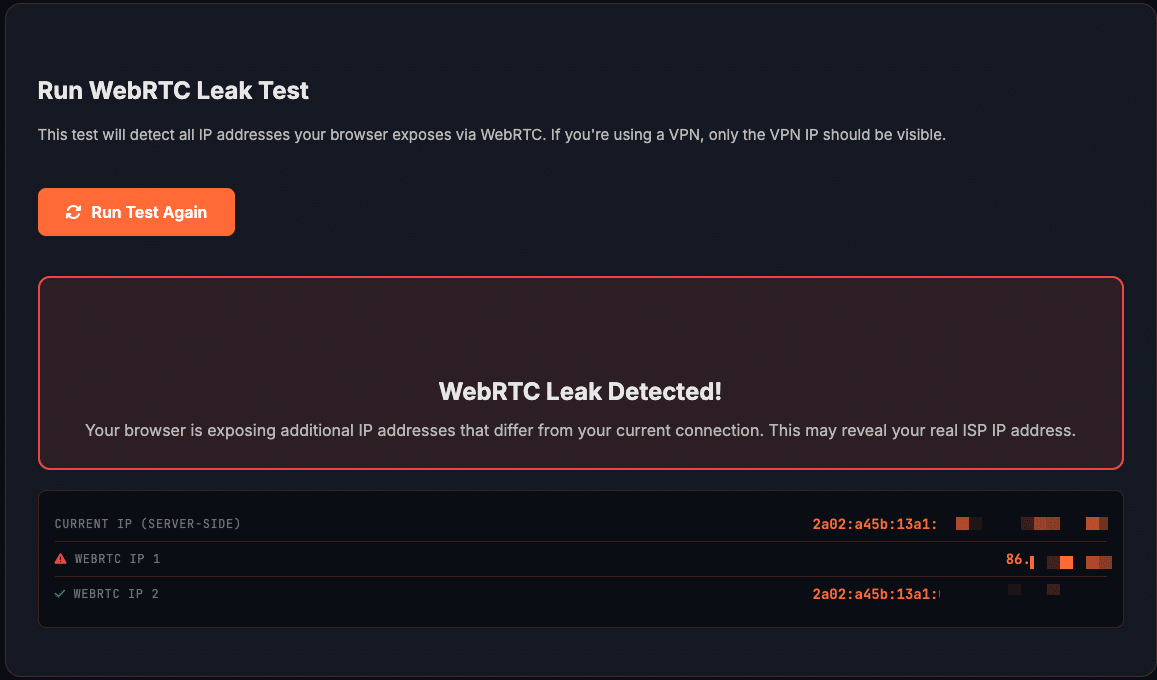 WebRTC leak test showing leak - real IP address exposed