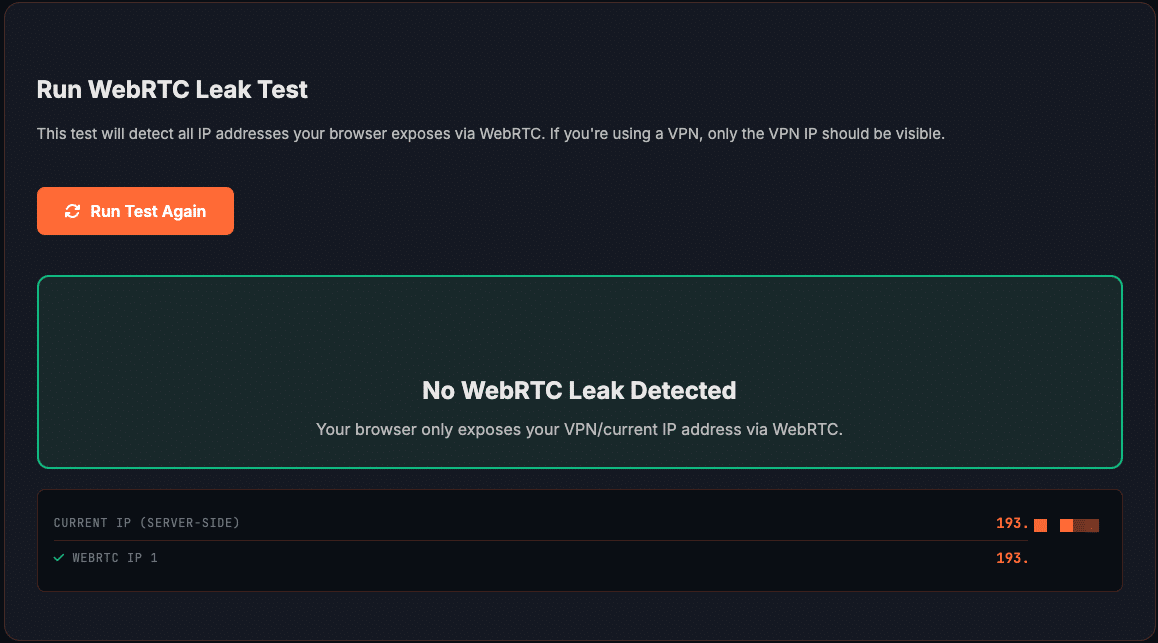 WebRTC leak test showing no leak - only VPN IP visible
