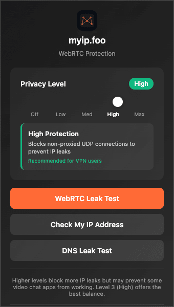 myip.foo WebRTC Blocker extension interface